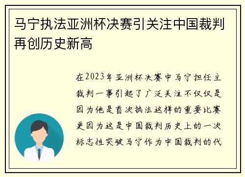 马宁执法亚洲杯决赛引关注中国裁判再创历史新高