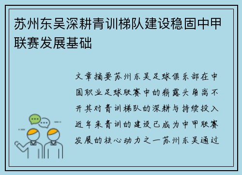 苏州东吴深耕青训梯队建设稳固中甲联赛发展基础