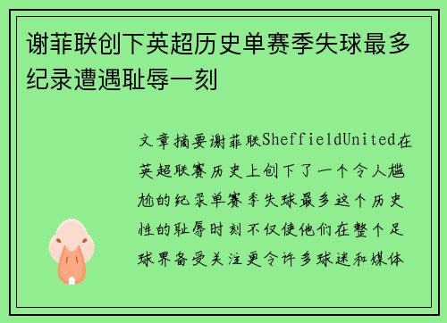 谢菲联创下英超历史单赛季失球最多纪录遭遇耻辱一刻
