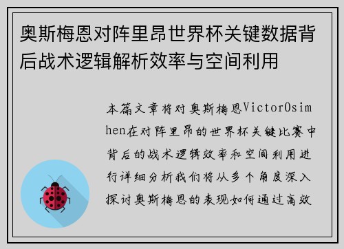 奥斯梅恩对阵里昂世界杯关键数据背后战术逻辑解析效率与空间利用